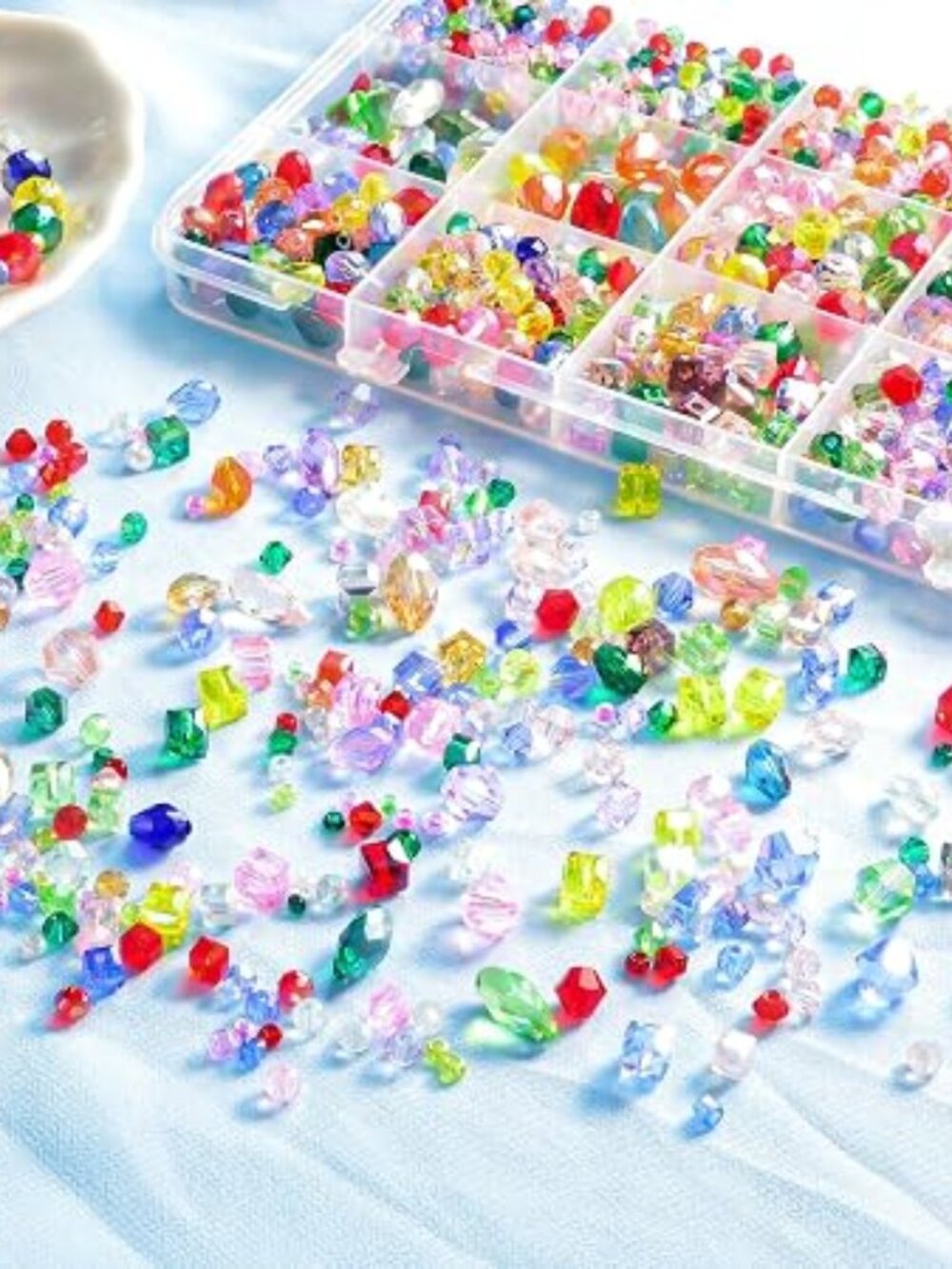1500 Pcs Crystal Glass Beads for Jewelry Making – 12 Styles Bicone, Rondelle, Cu
